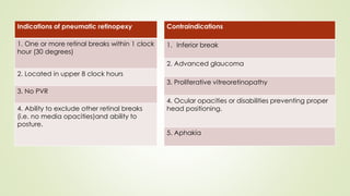 Indications of pneumatic retinopexy
1. One or more retinal breaks within 1 clock
hour (30 degrees)
2. Located in upper 8 clock hours
3. No PVR
4. Ability to exclude other retinal breaks
(i.e. no media opacities)and ability to
posture.
Contraindications
1. Inferior break
2. Advanced glaucoma
3. Proliferative vitreoretinopathy
4. Ocular opacities or disabilities preventing proper
head positioning.
5. Aphakia
 