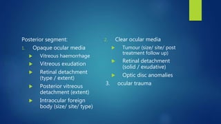 Posterior segment:
1. Opaque ocular media
 Vitreous haemorrhage
 Vitreous exudation
 Retinal detachment
(type / extent)
 Posterior vitreous
detachment (extent)
 Intraocular foreign
body (size/ site/ type)
2. Clear ocular media
 Tumour (size/ site/ post
treatment follow up)
 Retinal detachment
(solid / exudative)
 Optic disc anomalies
3. ocular trauma
 