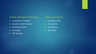 Classic Schepens Technique
 Localisation of break/s
 Lamellar scleral dissection
 Intrascleral buckle
 Encirclage
 SRF drainage
DACE procedure
 Drainage of SRF
 Air injection
 Cryotherapy
 Encirclage
 