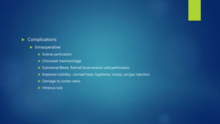  Complications
 Intraoperative
 Scleral perforation
 Choroidal Haemorrhage
 Subretinal Bleed, Retinal Incarceration and perforation
 Impaired visibility- corneal haze, hyphema, miosis, air/gas injection
 Damage to vortex veins
 Vitreous loss
 