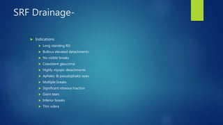 SRF Drainage-
 Indications
 Long standing RD
 Bullous elevated detachments
 No visible breaks
 Coexistent glaucoma
 Highly myopic detachments
 Aphakic & pseudophakic eyes
 Multiple breaks
 Significant vitreous traction
 Giant tears
 Inferior breaks
 Thin sclera
 