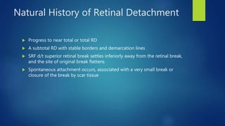 Natural History of Retinal Detachment
 Progress to near total or total RD
 A subtotal RD with stable borders and demarcation lines
 SRF d/t superior retinal break settles inferiorly away from the retinal break,
and the site of original break flattens
 Spontaneous attachment occurs, associated with a very small break or
closure of the break by scar tissue
 