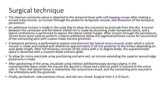 Surgical technique
• The titanium connector piece is attached to the temporal bone with self-tapping screws after making a
curved scalp incision, an incision through the posterior temporalis muscle, and dissection of the temporal
periosteum.
• An additional incision is made in the scalp flap to allow the connector to protrude from the skin. A tunnel
between the connector and the lateral orbital rim is made by dissecting under temporalis fascia, and a
lateral canthotomy is performed to expose the lateral orbital margin. After incision through the periosteum,
10 mm burrs were used to perform a lateral orbitotomy below the zygomaticofrontal suture for securement
of the connecting wire with custom made silicone grommet.
• A temporal peritomy is performed to expose and disinsert the lateral rectus muscle under which a scleral
incision is made and marked with diathermy approximately 9-10 mm posterior to the limbus depending on
axial globe length. After full thickness incision of the sclera with a 15 degree blade, the suprachoroidal
space is dissected with a crescent blade and lens glide.
• To allow for micro-electrode array positioning and wire exit, an incision extending the superior wound edge
posteriorly is made.
• After positioning of the array, visualized using indirect ophthalmoscopy during surgery, in the
suprachoroidal space under the macula the wound is closed and a Dacron patch is sutured to the sclera
over it. Then, the lateral rectus is reattached, the conjunctiva closed, and the connecting wire secured in
the orbitotomy with the grommet.
• Finally, periosteum, subcutaneous tissue, and skin are closed. Surgical time is 3-4 hours.
 