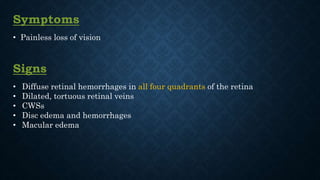 Symptoms
• Painless loss of vision
Signs
• Diffuse retinal hemorrhages in all four quadrants of the retina
• Dilated, tortuous retinal veins
• CWSs
• Disc edema and hemorrhages
• Macular edema
 