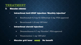 TREATMENT
2. Macular edema:
• Intravitreal Anti-VEGF injection: ‘Monthly injection’
 Ranibizumab 0.5 mg Or Aflibercept 2 mg: FDA approved
 Bevacizumab 1.25 mg: Off-label
• Intravitreal steroid injection:
 Dexamethasone 0.7 mg ‘Ozurdex’: FDA approved
 Triamcinolone 1 mg: Off-label
• Macular grid laser No benefit
 