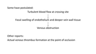 Some have postulated:
Turbulent blood flow at crossing site
Focal swelling of endothelium and deeper vein wall tissue
Venous obstruction
Other reports:
Actual venous thrombus formation at the point of occlusion
 