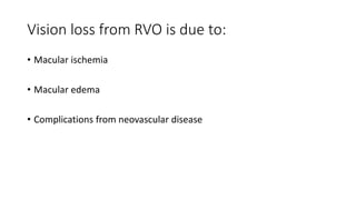 Vision loss from RVO is due to:
• Macular ischemia
• Macular edema
• Complications from neovascular disease
 