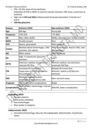 PG Notes: Vitreous & Retina Dr. Prabhat Devkota, MD
11 | P a g e
drprabhatdevkota@gmail.com
• FFA: >10 disc areas of non-perfusion
(Indication of FFA in CRVO: to look for macular ischemia, CNP areas, conversion to
ischemic)
• High risk of NVI and NVG (critical period of neovascularization 7 months to 2
years)
• 100-day glaucoma
Feature Ischemic CRVO Non-Ischemic CRVO
Age Old Age Young Age
Frequency ~20–25% ~75–80%
VA Poor, often ≤6/60 Mildly reduced / near normal (>6/60)
RAPD Usually present Rare
VFD Severe, generalized Mild / sectoral
Fundus
Marked retinal hemorrhages, CWS
common, disc edema
Mild hemorrhages, few/no CWS, mild
disc swelling
ME Often severe Mild–moderate
NV
High → neovascular glaucoma
common
Low
OCTA
Extensive capillary non-perfusion,
reduced FAZ flow
Minimal capillary non-perfusion,
preserved FAZ flow
FFA
Increased AV transit time
Large areas (>10 DA) of capillary
non-perfusion
Delayed AV transit time
Minimal / patchy (<10 DA) non-
perfusion
ERG
Markedly reduced b-wave
amplitude & reduced b:a ratio
Near normal b-wave
Prognosis Poor; high risk of complications Better
Complications
NVG, vitreous hemorrhage, macular
ischemia
Mild ME, fewer complications
Impending CRVO
• Younger patients
• Mild venous dilatation
• Few hemorrhages
• May resolve or progress
Indeterminate CRVO
• Intraretinal hemorrhage obscures the angiographic determination of perfusion
status.
 
