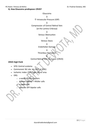 PG Notes: Vitreous & Retina Dr. Prabhat Devkota, MD
13 | P a g e
drprabhatdevkota@gmail.com
Q. How Glaucoma predisposes CRVO?
Glaucoma
↓
↑ Intraocular Pressure (IOP)
↓
Compression of Central Retinal Vein
(at the Lamina Cribrosa)
↓
Venous Obstruction
↓
Venous Stasis
↓
Endothelial Damage
↓
Thrombus Formation
↓
Central Retinal Vein Occlusion (CRVO)
CRVO High-Yield
• VFD: Central scotoma
• Commonest NV site: Iris (NVI → NVG)
• Ischemic Index: CNP/Total retinal area
• ERG:
o a-wave: Photoreceptors
o b-wave: Bipolar + Müller cells
o c-wave: RPE
o d-wave: OFF bipolar cells
 