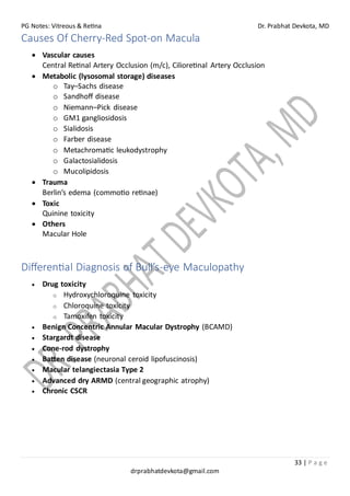PG Notes: Vitreous & Retina Dr. Prabhat Devkota, MD
33 | P a g e
drprabhatdevkota@gmail.com
Causes Of Cherry-Red Spot-on Macula
• Vascular causes
Central Retinal Artery Occlusion (m/c), Cilioretinal Artery Occlusion
• Metabolic (lysosomal storage) diseases
o Tay–Sachs disease
o Sandhoff disease
o Niemann–Pick disease
o GM1 gangliosidosis
o Sialidosis
o Farber disease
o Metachromatic leukodystrophy
o Galactosialidosis
o Mucolipidosis
• Trauma
Berlin’s edema (commotio retinae)
• Toxic
Quinine toxicity
• Others
Macular Hole
Differential Diagnosis of Bull’s-eye Maculopathy
• Drug toxicity
o Hydroxychloroquine toxicity
o Chloroquine toxicity
o Tamoxifen toxicity
• Benign Concentric Annular Macular Dystrophy (BCAMD)
• Stargardt disease
• Cone-rod dystrophy
• Batten disease (neuronal ceroid lipofuscinosis)
• Macular telangiectasia Type 2
• Advanced dry ARMD (central geographic atrophy)
• Chronic CSCR
 