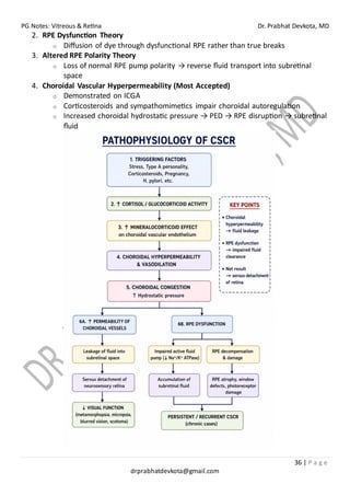 PG Notes: Vitreous & Retina Dr. Prabhat Devkota, MD
36 | P a g e
drprabhatdevkota@gmail.com
2. RPE Dysfunction Theory
o Diffusion of dye through dysfunctional RPE rather than true breaks
3. Altered RPE Polarity Theory
o Loss of normal RPE pump polarity → reverse fluid transport into subretinal
space
4. Choroidal Vascular Hyperpermeability (Most Accepted)
o Demonstrated on ICGA
o Corticosteroids and sympathomimetics impair choroidal autoregulation
o Increased choroidal hydrostatic pressure → PED → RPE disruption → subretinal
fluid
 