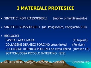 I MATERIALI PROTESICI

• SINTETICI NON RIASSORBIBILI        (mono- o multifilamento)

• SINTETICI RIASSORBIBILI (ac. Poliglicolico, Polyglactin 910)

• BIOLOGICI
   FASCIA LATA UMANA                         (Tutuplast)
   COLLAGENE DERMICO PORCINO cross-linked    (Pelvicol)
   COLLAGENE DERMICO PORCINO no cross-linked (Intexen LP)
   SOTTOMUCOSA PICCOLO INTESTINO (SIS)

• MISTI (mesh biologico e braccia in prolene)      (Intexen LP)
 