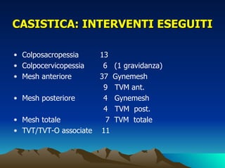 CASISTICA: INTERVENTI ESEGUITI

• Colposacropessia      13
• Colpocervicopessia     6    (1 gravidanza)
• Mesh anteriore        37    Gynemesh
                         9    TVM ant.
• Mesh posteriore        4    Gynemesh
                         4    TVM post.
• Mesh totale             7   TVM totale
• TVT/TVT-O associate   11
 