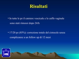 Risultati

• In tutte le pz il catetere vescicale e lo zaffo vaginale
  sono stati rimossi dopo 24/h


• 17/20 pz (85%): correzione totale del cistocele senza
  complicanze a un follow up di 12 mesi
 