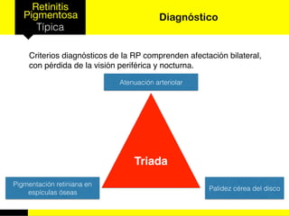 Retinitis
Pigmentosa
Típica
Diagnóstico
Criterios diagnósticos de la RP comprenden afectación bilateral,
con pérdida de la visión periférica y nocturna.
Triada
Atenuación arteriolar
Pigmentación retiniana en
espículas óseas
Palidez cérea del disco
 