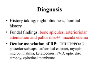 Diagnosis
• History taking; night blindness, familial
history
• Fundal findings; bone spicules, arterioriolar
attenuation and pallor disc+/- macula edema
• Ocular association of RP; OCHTN/POAG,
posterior subcapsular/cortical cataract, myopia,
microphthalmia, keratoconus, PVD, optic disc
atrophy, epiretinal membrane
 