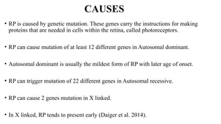 CAUSES
• RP is caused by genetic mutation. These genes carry the instructions for making
proteins that are needed in cells within the retina, called photoreceptors.
• RP can cause mutation of at least 12 different genes in Autosomal dominant.
• Autosomal dominant is usually the mildest form of RP with later age of onset.
• RP can trigger mutation of 22 different genes in Autosomal recessive.
• RP can cause 2 genes mutation in X linked.
• In X linked, RP tends to present early (Daiger et al. 2014).
 