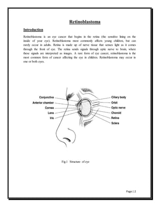 Page | 2
Retinoblastoma
Introduction
Retinoblastoma is an eye cancer that begins in the retina (the sensitive lining on the
inside of your eye). Retinoblastoma most commonly affects young children, but can
rarely occur in adults. Retina is made up of nerve tissue that senses light as it comes
through the front of eye. The retina sends signals through optic nerve to brain, where
these signals are interpreted as images. A rare form of eye cancer, retinoblastoma is the
most common form of cancer affecting the eye in children. Retinoblastoma may occur in
one or both eyes.
Fig.1 Structure of eye
 