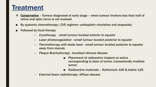 Treatment
 Conservative – Tumour diagnosed at early stage – when tumour involves less than half of
retina and optic nerve is not involved
■ By systemic chemotherapy ( CVE regimen -carboplatin vincristine and etoposide)
■ Followed by focal therapy
– Cryotherapy - small tumour located anterior to equator
– Laser photocoagulation –small tumour located posterior to equator
– Thermotherapy with diode laser- small tumour located posterior to equator
away from macula
– Plaque Brachytherapy - localised vitreous disease
■ Placement of radioactive implant on sclera
corresponding to base of tumor, transsclerally irradiate
tumor.
■ Radioactive materials – Ruthenium 106 & Iodine 125
– External beam radiotherapy- diffuse disease
 