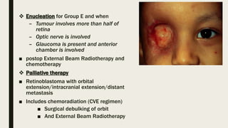  Enucleation for Group E and when
– Tumour involves more than half of
retina
– Optic nerve is involved
– Glaucoma is present and anterior
chamber is involved
■ postop External Beam Radiotherapy and
chemotherapy
 Palliative therapy
■ Retinoblastoma with orbital
extension/intracranial extension/distant
metastasis
■ Includes chemoradiation (CVE regimen)
■ Surgical debulking of orbit
■ And External Beam Radiotherapy
 