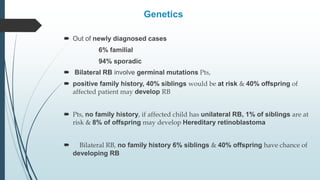  Out of newly diagnosed cases
6% familial
94% sporadic
 Bilateral RB involve germinal mutations Pts,
 positive family history, 40% siblings would be at risk & 40% offspring of
affected patient may develop RB
 Pts, no family history, if affected child has unilateral RB, 1% of siblings are at
risk & 8% of offspring may develop Hereditary retinoblastoma
 Bilateral RB, no family history 6% siblings & 40% offspring have chance of
developing RB
Genetics
 