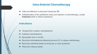 Intra-Arterial Chemotherapy
 Safe and effective in advanced intraocular RB.
 Catheterization of the ophthalmic artery and injection of chemotherapy, usually
melphalan (with or without topotecan)
Indications
 Nongermline mutation retinoblastoma
 Unilateral retinoblastoma
 Age greater than 4 months
 Recurrent retinoblastoma following previous IVC or plaque radiotherapy,
 Recurrent subretinal seeds involving two or more quadrants
 Recurrent vitreous seeds.
 