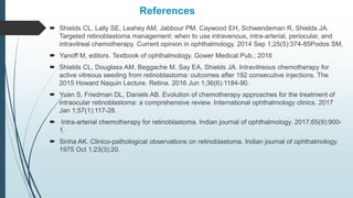References
 Shields CL, Lally SE, Leahey AM, Jabbour PM, Caywood EH, Schwendeman R, Shields JA.
Targeted retinoblastoma management: when to use intravenous, intra-arterial, periocular, and
intravitreal chemotherapy. Current opinion in ophthalmology. 2014 Sep 1;25(5):374-85Podos SM,
 Yanoff M, editors. Textbook of ophthalmology. Gower Medical Pub.; 2016
 Shields CL, Douglass AM, Beggache M, Say EA, Shields JA. Intravitreous chemotherapy for
active vitreous seeding from retinoblastoma: outcomes after 192 consecutive injections. The
2015 Howard Naquin Lecture. Retina. 2016 Jun 1;36(6):1184-90.
 Yuan S, Friedman DL, Daniels AB. Evolution of chemotherapy approaches for the treatment of
intraocular retinoblastoma: a comprehensive review. International ophthalmology clinics. 2017
Jan 1;57(1):117-28.
 Intra-arterial chemotherapy for retinoblastoma. Indian journal of ophthalmology. 2017;65(9):900-
1.
 Sinha AK. Clinico-pathological observations on retinoblastoma. Indian journal of ophthalmology.
1975 Oct 1;23(3):20.
 
