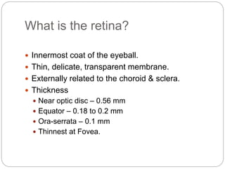 What is the retina?
 Innermost coat of the eyeball.
 Thin, delicate, transparent membrane.
 Externally related to the choroid & sclera.
 Thickness
 Near optic disc – 0.56 mm
 Equator – 0.18 to 0.2 mm
 Ora-serrata – 0.1 mm
 Thinnest at Fovea.
 