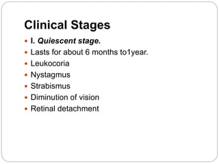 Clinical Stages
 I. Quiescent stage.
 Lasts for about 6 months to1year.
 Leukocoria
 Nystagmus
 Strabismus
 Diminution of vision
 Retinal detachment
 
