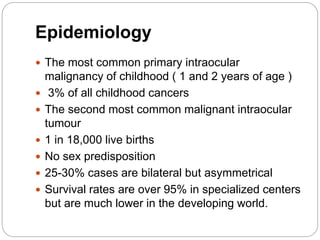 Epidemiology
 The most common primary intraocular
malignancy of childhood ( 1 and 2 years of age )
 3% of all childhood cancers
 The second most common malignant intraocular
tumour
 1 in 18,000 live births
 No sex predisposition
 25-30% cases are bilateral but asymmetrical
 Survival rates are over 95% in specialized centers
but are much lower in the developing world.
 