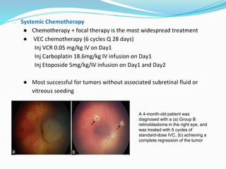 ⮚ Systemic Chemotherapy
● Chemotherapy + focal therapy is the most widespread treatment
● VEC chemotherapy (6 cycles Q 28 days)
Inj VCR 0.05 mg/kg IV on Day1
Inj Carboplatin 18.6mg/kg IV infusion on Day1
Inj Etoposide 5mg/kg/IV infusion on Day1 and Day2
● Most successful for tumors without associated subretinal fluid or
vitreous seeding
A 4-month-old patient was
diagnosed with a (a) Group B
retinoblastoma in the right eye, and
was treated with 6 cycles of
standard-dose IVC, (b) achieving a
complete regression of the tumor
 
