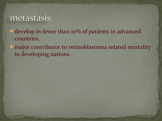 develop in fewer than 10% of patients in advanced
countries.
major contributor to retinoblastoma related mortality
in developing nations.
 
