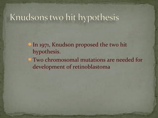 In 1971, Knudson proposed the two hit
hypothesis.
Two chromosomal mutations are needed for
development of retinoblastoma
 