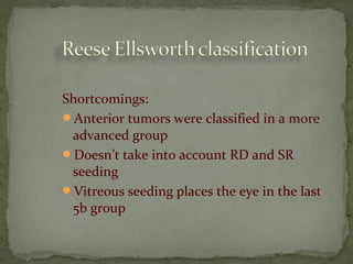 Shortcomings:
Anterior tumors were classified in a more
advanced group
Doesn’t take into account RD and SR
seeding
Vitreous seeding places the eye in the last
5b group
 