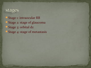 Stage 1: intraocular RB
Stage 2: stage of glaucoma
Stage 3: orbital dz
Stage 4: stage of metastasis
 