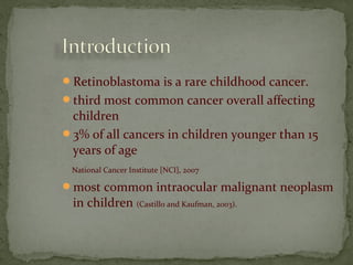 Retinoblastoma is a rare childhood cancer.
third most common cancer overall affecting
children
3% of all cancers in children younger than 15
years of age
National Cancer Institute [NCI], 2007
most common intraocular malignant neoplasm
in children (Castillo and Kaufman, 2003).
 