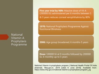 National
Vitamin A
Prophylaxis
Programme
Five year trial by NIN: Massive dose of Vit A
(200000 IU) administered per 6 months between 1
& 3 years reduces corneal xerophthalmia by 80%
1970: National Prophylaxis Programme Against
Nutritional Blindness
2006: Age group broadened; 6 months-5 years
Dose: 100000 IU at 9 months followed by 200000
IU, 6 monthly up to 5 years
National Vitamin A prophylaxis program | National Health Portal Of India
[Internet]. Nhp.gov.in. 2019 [cited 6 June 2019]. Available from:
https://www.nhp.gov.in/national-vitamin-a-prophylaxis-program_pg
 