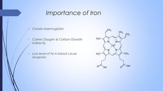 o Create Haemoglobin
o Carries Oxygen & Carbon Dioxide
indirectly
o Low level of Fe in blood cause
Anaemia
Importance of Iron
 