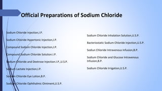 Sodium Chloride Injection,I.P.
Sodium Chloride Hypertonic Injection,I.P.
Compound Sodium Chloride Injection,I.P.
Compound Sodium Chloride Solution.I.P.
Sodium Chloride and Dextrose Injection.I.P.,U.S.P.
Sodium Lactate Injection,I.P.
Sodium Chloride Eye Lotion,B.P.
Sodium Chloride Ophthalmic Ointment,U.S.P.
Official Preparations of Sodium Chloride
Sodium Chloride Inhalation Solution,U.S.P.
Bacteriostatic Sodium Chloride Injection,U.S.P.
Sodiun Chloride Intravenous Infusion,B.P.
Sodium Chloride and Glucose Intravenous
Infusion,B.P.
Sodium Chloride Irrigation,U.S.P.
 
