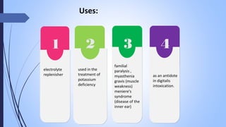 1
electrolyte
replenisher
2
used in the
treatment of
potassium
deficiency
3
familial
paralysis ,
myasthenia
gravis (muscle
weakness)
meniere's
syndrome
(disease of the
inner ear)
4
as an antidote
in digitalis
intoxication.
Uses:
 