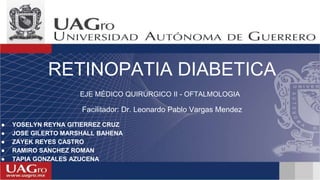 RETINOPATIA DIABETICA
EJE MÉDICO QUIRÚRGICO II - OFTALMOLOGIA
● YOSELYN REYNA GITIERREZ CRUZ
● JOSE GILERTO MARSHALL BAHENA
● ZAYEK REYES CASTRO
● RAMIRO SANCHEZ ROMAN
● TAPIA GONZALES AZUCENA
Facilitador: Dr. Leonardo Pablo Vargas Mendez
 