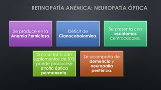 RETINOPATÍA ANÉMICA: NEUROPATÍA ÓPTICA
Se produce en la
Anemia Perniciosa.
Déficit de
Cianocobalamina.
Se presenta con
escotomas
centrocecales.
Si no se trata con
suplementos de B12
puede producirse
atrofia óptica
permanente.
Se acompaña de
demencia y
neuropatía
periférica.
 