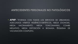 ANTECEDENTES PERSONALES NO PATOLÓGICOS
• APNP: VIVIENDA CON TODOS LOS SERVICIOS DE URBANIDAD,
ADECUADOS HÁBITOS HIGIÉNICO-DIETÉTICOS, NIEGA ZOONOSIS,
NIEGA HACINAMIENTO, NIEGA TOXICOMANÍAS, COMBE
NEGATIVO, NIEGA EXPOSICIÓN A BIOMASA. ESQUEMA DE
VACUNACIÓN COMPLETO.
 