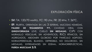 EXPLORACIÓN FÍSICA
• SV: TA: 120/70 MMHG, FC: 90 LPM, FR: 20 RPM, T: 36°C.
• EF: ALERTA, ORIENTADA EN LAS 3 ESFERAS, MUCOSAS HÚMEDAS,
PALIDEZ DE TEGUMENTOS ++, CAVIDAD ORAL CON
GINGIVORRAGIA LEVE, CUELLO SIN MEGALIAS, CSPS CON
MURMULLO VESICULAR, SIN ADVENTICIOS, RSCS RÍTMICOS, SIN
AGREGADOS, ABDOMEN GLOBOSO POR PANÍCULO ADIPOSO,
NORMOPERISTALSIS, BLANDO, DEPRESIBLE, NO DOLOROSO, SIN
MEGALIAS, EXTREMIDADES SIN EDEMA, NORMORREFLÉCTICAS,
FUERZA MUSCULAR 3/5.
 