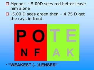  Myope: - 5.00D sees red better leave
  him alone
 -5.00 D sees green then – 4.75 D get
  the rays in front.




    PO
      N F
• “WEAKEST (– )LENSES”
 