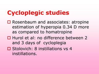 Cycloplegic studies
 Rosenbaum and associates: atropine
  estimation of hyperopia 0.34 D more
  as compared to homatropine
 Hurol et al: no difference between 2
  and 3 days of cycloplegia
 Stolovich: 8 instillations vs 4
  instillations.
 