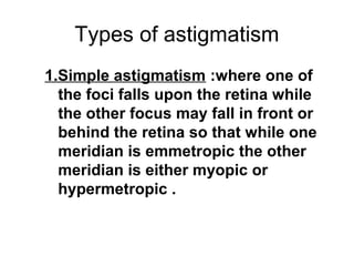 Types of astigmatism
1.Simple astigmatism :where one of
the foci falls upon the retina while
the other focus may fall in front or
behind the retina so that while one
meridian is emmetropic the other
meridian is either myopic or
hypermetropic .
 