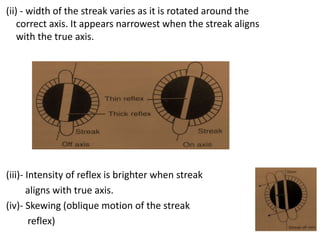 (ii) - width of the streak varies as it is rotated around the
correct axis. It appears narrowest when the streak aligns
with the true axis.
(iii)- Intensity of reflex is brighter when streak
aligns with true axis.
(iv)- Skewing (oblique motion of the streak
reflex)
 