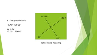 +1.75 D
+3.50 D
110°
20°
Retino result Recording
• Final prescription is:
+0.75/+1.25×20°
Or if –DC
+2.00/-1.25×110°
 
