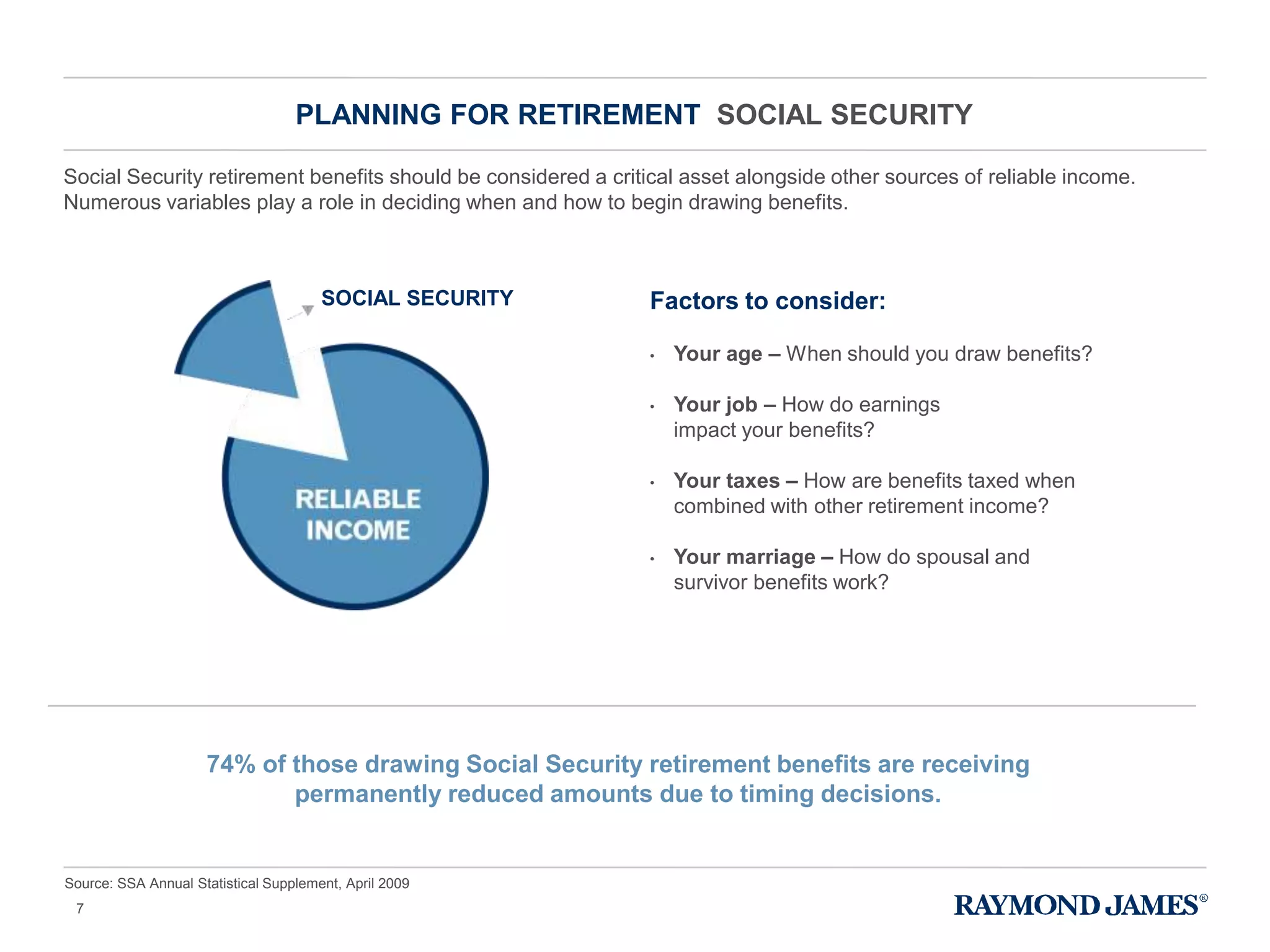 PLANNING FOR RETIREMENT SOCIAL SECURITY
7
Social Security retirement benefits should be considered a critical asset alongside other sources of reliable income.
Numerous variables play a role in deciding when and how to begin drawing benefits.
Factors to consider:
• Your age – When should you draw benefits?
• Your job – How do earnings
impact your benefits?
• Your taxes – How are benefits taxed when
combined with other retirement income?
• Your marriage – How do spousal and
survivor benefits work?
74% of those drawing Social Security retirement benefits are receiving
permanently reduced amounts due to timing decisions.
Source: SSA Annual Statistical Supplement, April 2009
SOCIAL SECURITY
 
